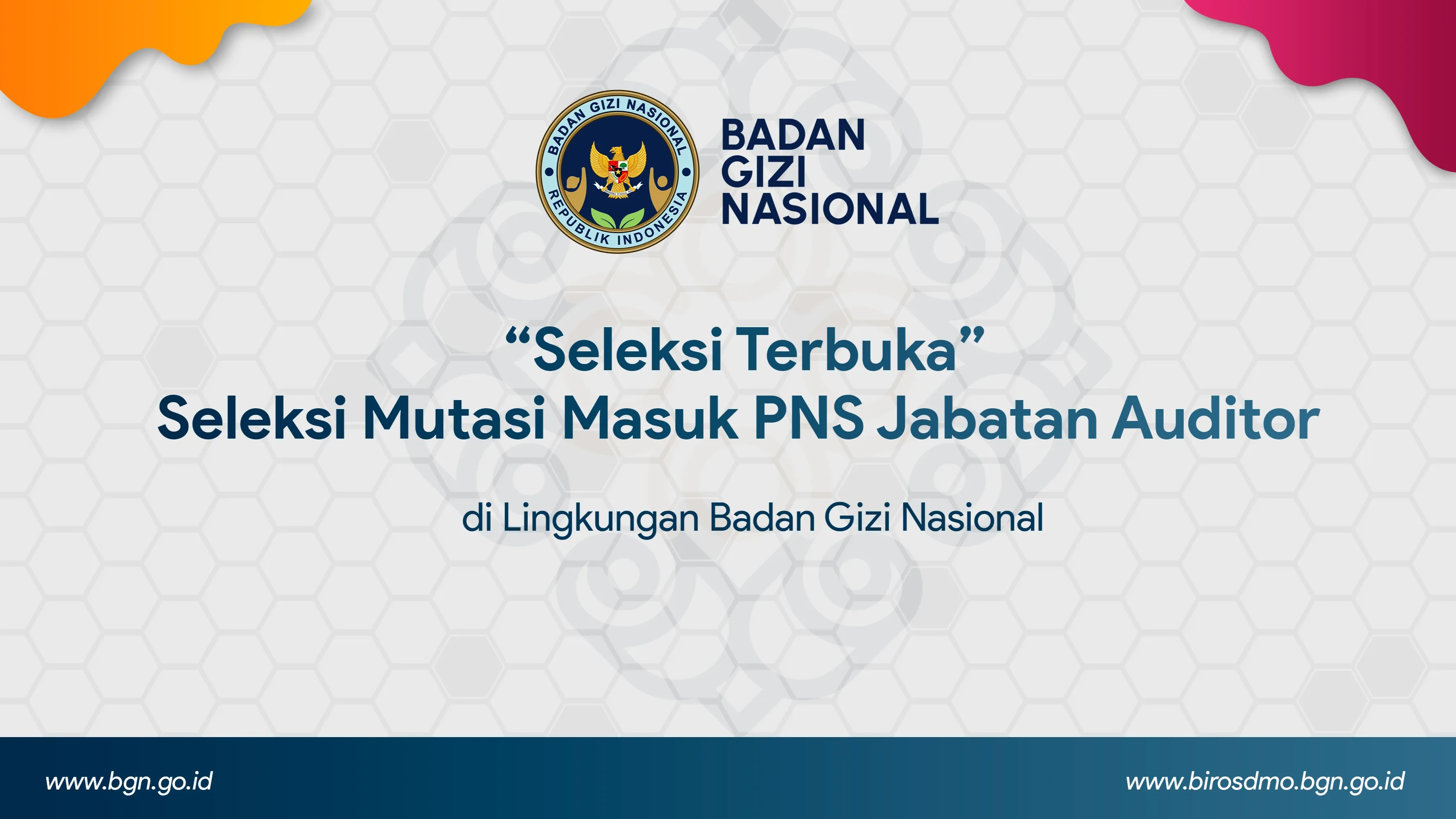 Seleksi Terbuka - Seleksi Mutasi Masuk PNS Jabatan Auditor di Lingkungan Badan Gizi Nasional Bener Meriah